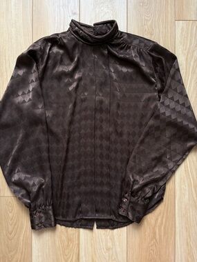 Vtg Satin Chocolate Brown Tonal Diamond Print High Neck Blouse 80s Career Luxe